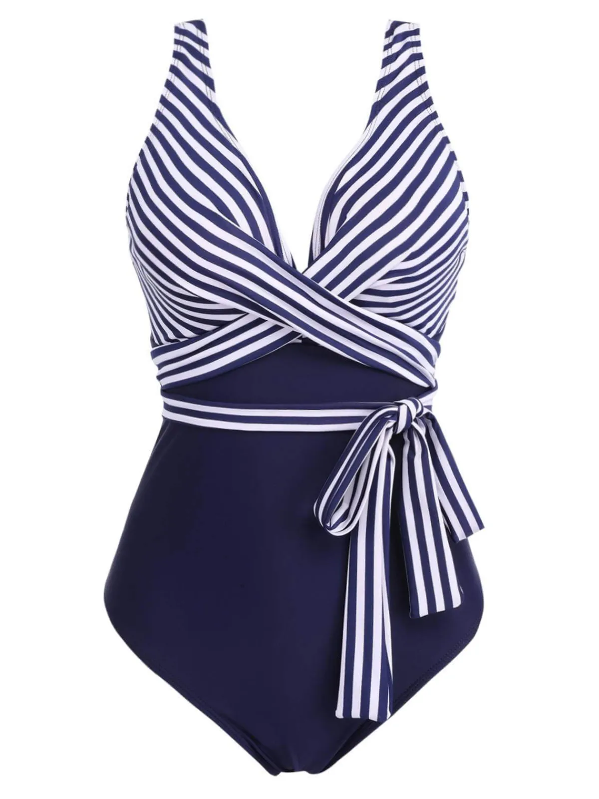 Fashion Retro Stage [Plus Size] 1950s Stripe Lace Up Patchwork One-Piece Swimsuit