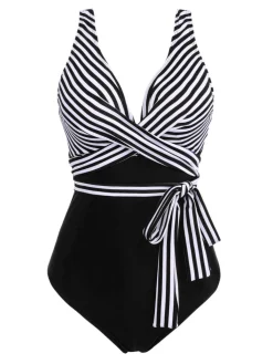 Fashion Retro Stage [Plus Size] 1950s Stripe Lace Up Patchwork One-Piece Swimsuit