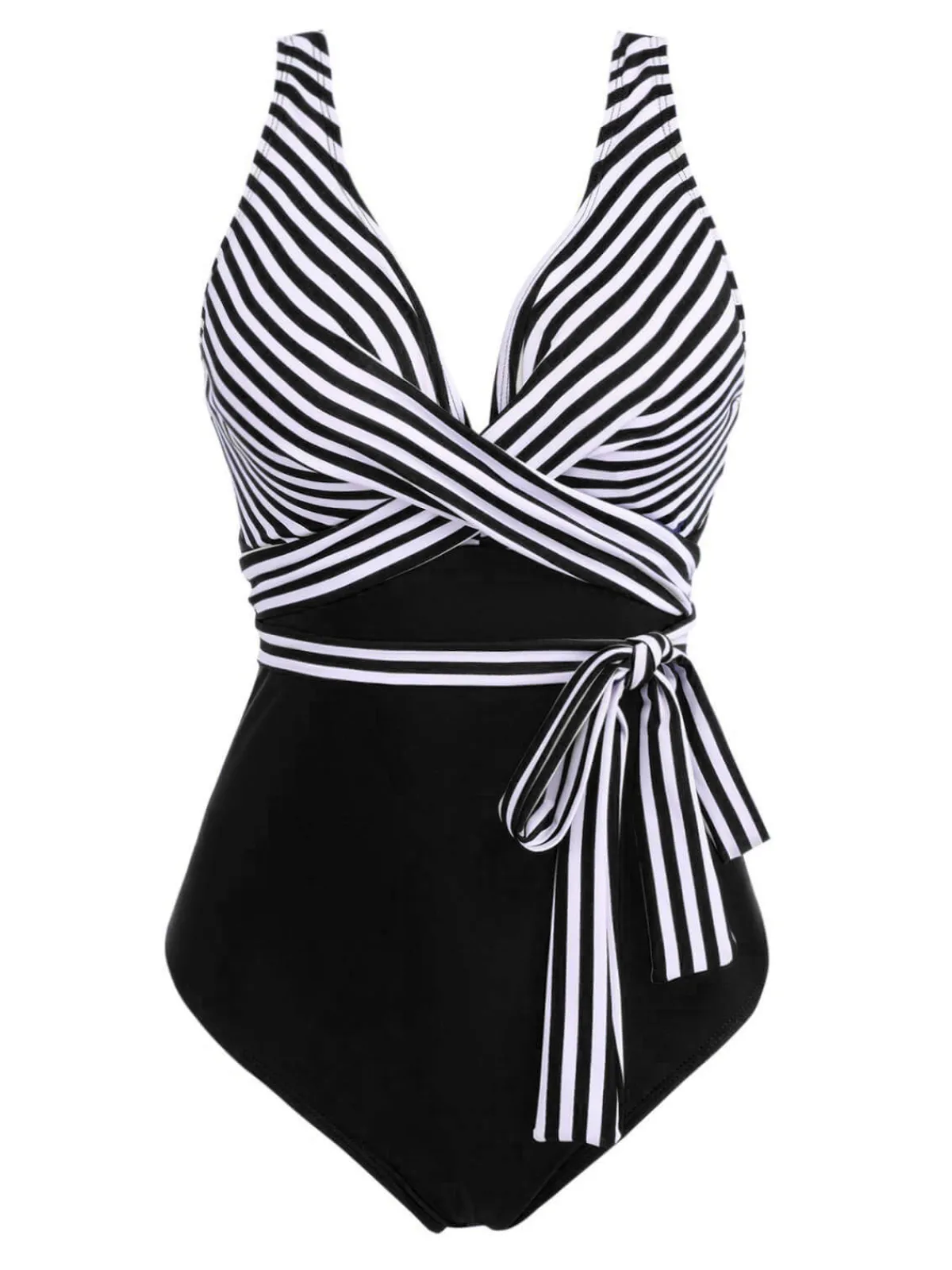 Fashion Retro Stage [Plus Size] 1950s Stripe Lace Up Patchwork One-Piece Swimsuit