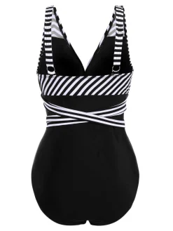 Fashion Retro Stage [Plus Size] 1950s Stripe Lace Up Patchwork One-Piece Swimsuit