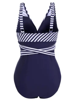 Fashion Retro Stage [Plus Size] 1950s Stripe Lace Up Patchwork One-Piece Swimsuit
