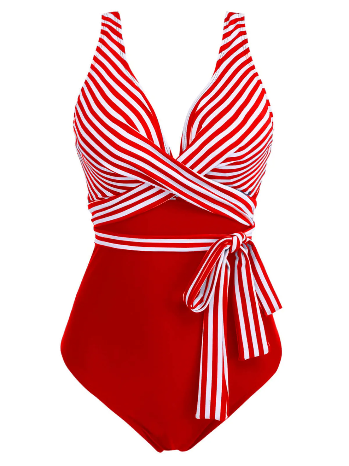 Fashion Retro Stage [Plus Size] 1950s Stripe Lace Up Patchwork One-Piece Swimsuit