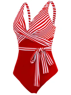 Fashion Retro Stage [Plus Size] 1950s Stripe Lace Up Patchwork One-Piece Swimsuit