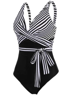 Fashion Retro Stage [Plus Size] 1950s Stripe Lace Up Patchwork One-Piece Swimsuit