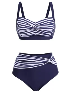 Sale Retro Stage [Plus Size] 1950s Stripe Twisted Patchwork Strap Swimsuit