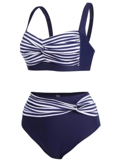 Sale Retro Stage [Plus Size] 1950s Stripe Twisted Patchwork Strap Swimsuit