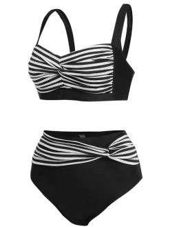 Sale Retro Stage [Plus Size] 1950s Stripe Twisted Patchwork Strap Swimsuit