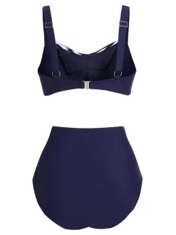 Sale Retro Stage [Plus Size] 1950s Stripe Twisted Patchwork Strap Swimsuit