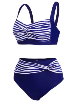 Sale Retro Stage [Plus Size] 1950s Stripe Twisted Patchwork Strap Swimsuit