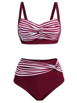 New Retro Stage [Plus Size] 1950s Stripe Twisted Patchwork Strap Swimsuit