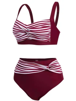 New Retro Stage [Plus Size] 1950s Stripe Twisted Patchwork Strap Swimsuit