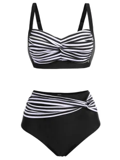 New Retro Stage [Plus Size] 1950s Stripe Twisted Patchwork Strap Swimsuit