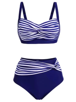 New Retro Stage [Plus Size] 1950s Stripe Twisted Patchwork Strap Swimsuit