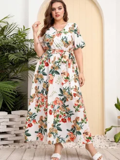 Outlet Retro Stage [Plus Size] 1940s Surplice V-Neck Belted Floral Dress