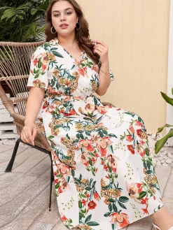 Outlet Retro Stage [Plus Size] 1940s Surplice V-Neck Belted Floral Dress