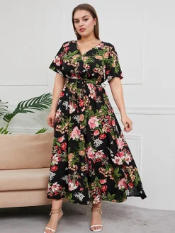 Outlet Retro Stage [Plus Size] 1940s Surplice V-Neck Belted Floral Dress