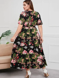Outlet Retro Stage [Plus Size] 1940s Surplice V-Neck Belted Floral Dress