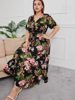 Outlet Retro Stage [Plus Size] 1940s Surplice V-Neck Belted Floral Dress