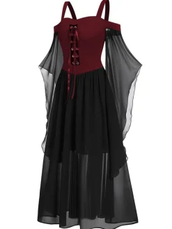 New Retro Stage [Plus Size] 1950s Suspender Contrast Color Chiffon Strap Dress