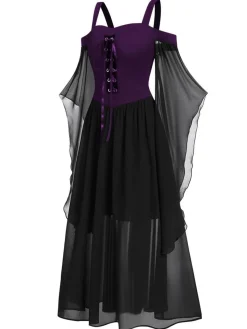 Hot Retro Stage [Plus Size] 1950s Suspender Contrast Color Chiffon Strap Dress