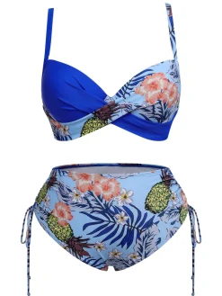 Discount Retro Stage [Plus Size] 1940S Tropical Plant Patchwork Lace-Up Swimsuit