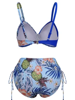 Discount Retro Stage [Plus Size] 1940S Tropical Plant Patchwork Lace-Up Swimsuit