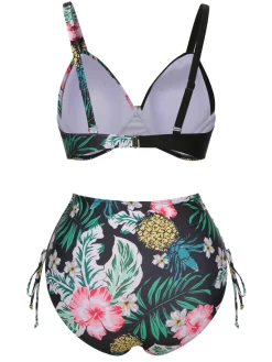 Discount Retro Stage [Plus Size] 1940S Tropical Plant Patchwork Lace-Up Swimsuit