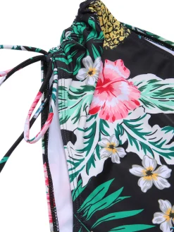 Discount Retro Stage [Plus Size] 1940S Tropical Plant Patchwork Lace-Up Swimsuit