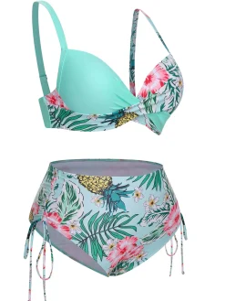 Discount Retro Stage [Plus Size] 1940S Tropical Plant Patchwork Lace-Up Swimsuit