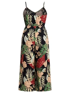 Discount Retro Stage [Plus Size] 1970s Tropical Print Spaghetti Strap Jumpsuit Black