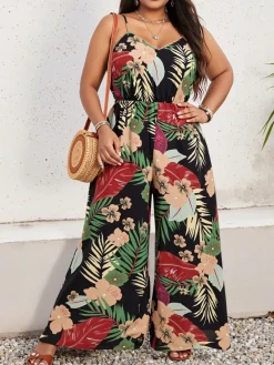 Discount Retro Stage [Plus Size] 1970s Tropical Print Spaghetti Strap Jumpsuit Black