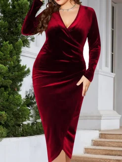 Discount Retro Stage [Plus Size] 1960s Velvet V-Neck Wrap Dress