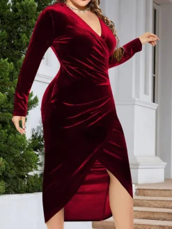 Discount Retro Stage [Plus Size] 1960s Velvet V-Neck Wrap Dress