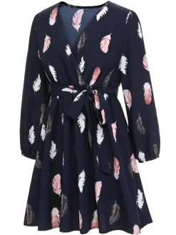 New Retro Stage [Plus Size] 1950s V-Neck Feather Waist Dress Blue