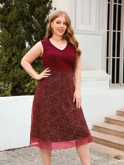 Online Retro Stage [Plus Size] 1940s V-Neck Glitter A-Line Sleeveless Dress