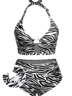 Online Retro Stage [Plus Size] 1940s Zebra Print Cutout Halter Swimsuit