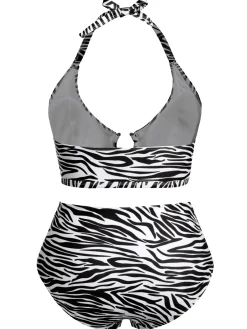 Online Retro Stage [Plus Size] 1940s Zebra Print Cutout Halter Swimsuit