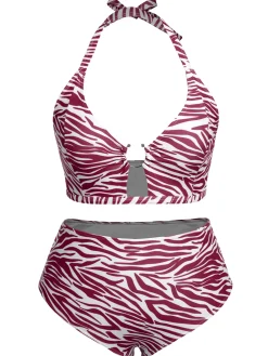 Online Retro Stage [Plus Size] 1940s Zebra Print Cutout Halter Swimsuit