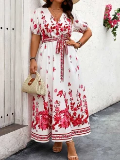 Fashion Retro Stage [Plus Size] 1950s Floral Wrap V-Neck Belt Dress White