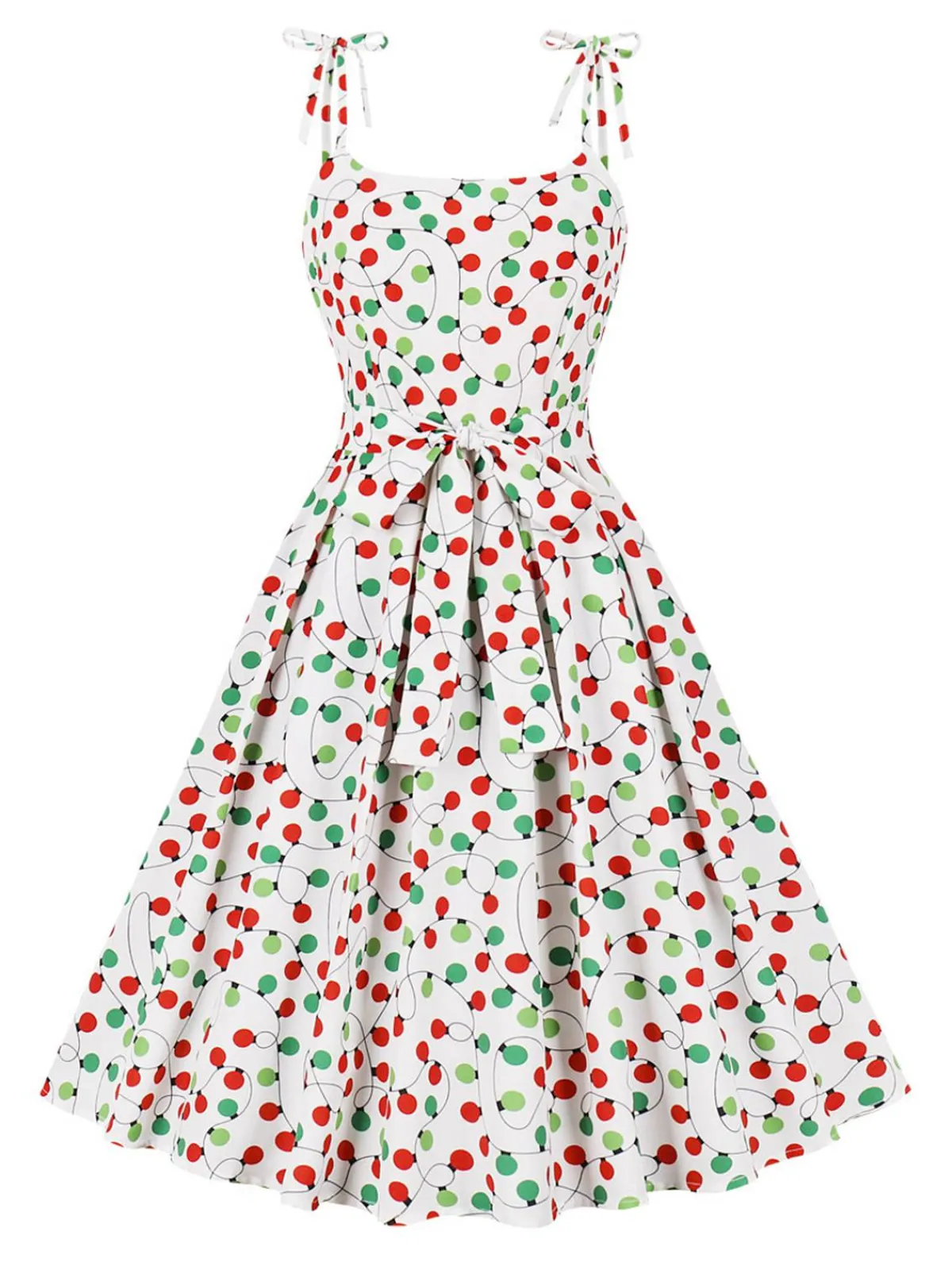 New Retro Stage [Plus Size] 1950s Light String Shoulder Tie Dress White