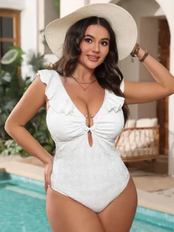 Clearance Retro Stage [Plus Size] 1950s Solid Ruffled Swimsuit White