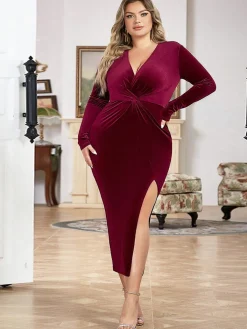 Fashion Retro Stage [Plus Size] 1960s Flannelette V-Neck Dress Wine Red