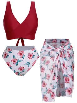 Best Retro Stage [Plus Size] 1930s Floral Bikini Set & Cover-Up Wine Red