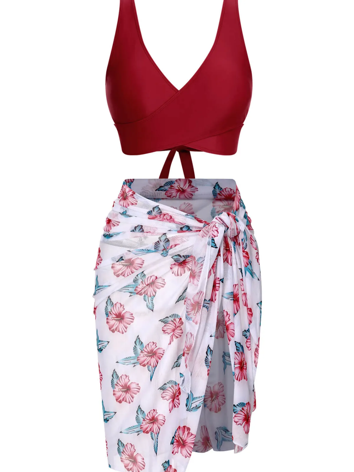 Best Retro Stage [Plus Size] 1930s Floral Bikini Set & Cover-Up Wine Red