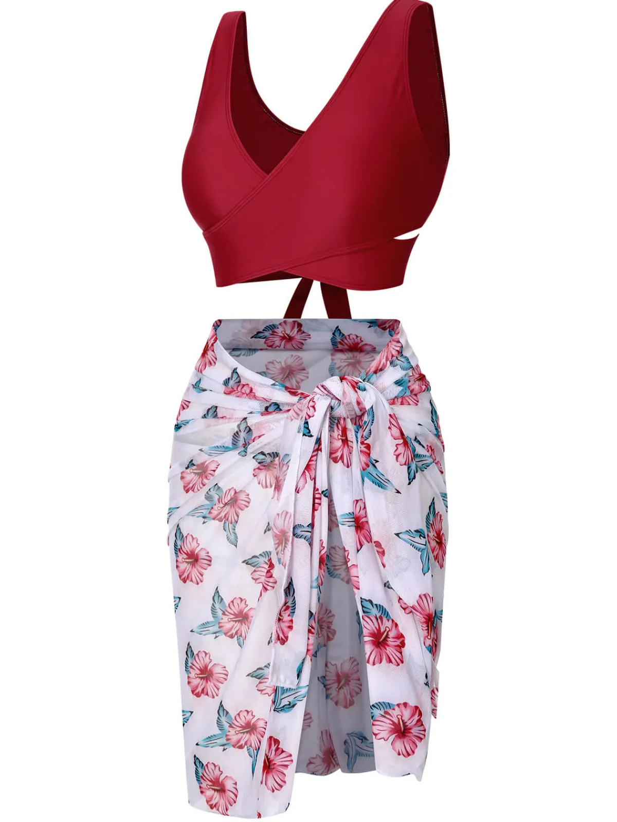 Best Retro Stage [Plus Size] 1930s Floral Bikini Set & Cover-Up Wine Red