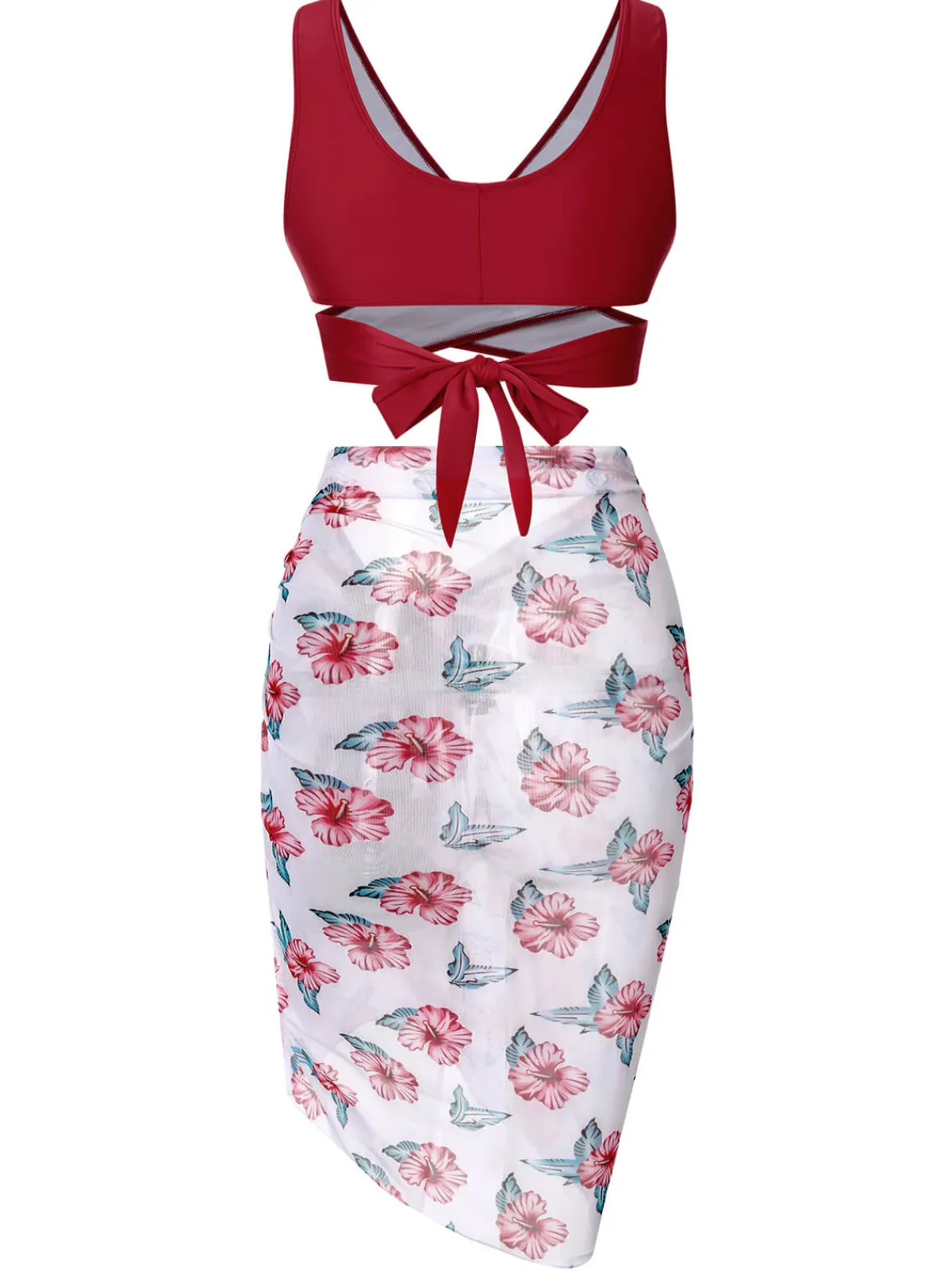 Best Retro Stage [Plus Size] 1930s Floral Bikini Set & Cover-Up Wine Red