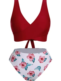 Best Retro Stage [Plus Size] 1930s Floral Bikini Set & Cover-Up Wine Red