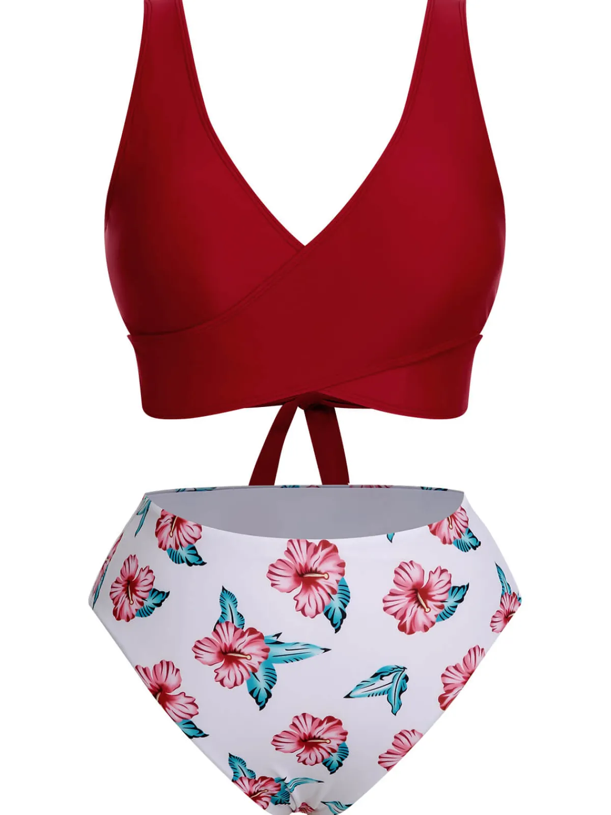 Best Retro Stage [Plus Size] 1930s Floral Bikini Set & Cover-Up Wine Red
