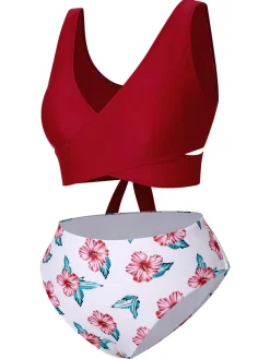 Best Retro Stage [Plus Size] 1930s Floral Bikini Set & Cover-Up Wine Red