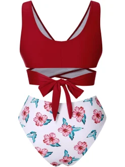 Best Retro Stage [Plus Size] 1930s Floral Bikini Set & Cover-Up Wine Red